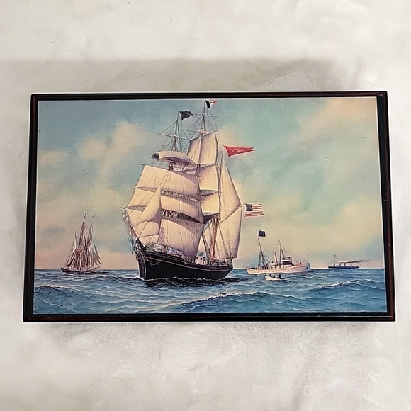 Source Unknown Other - Wooden Storage/Jewelry/Stash Box with Ships 10.5" x 6.75" x 3"